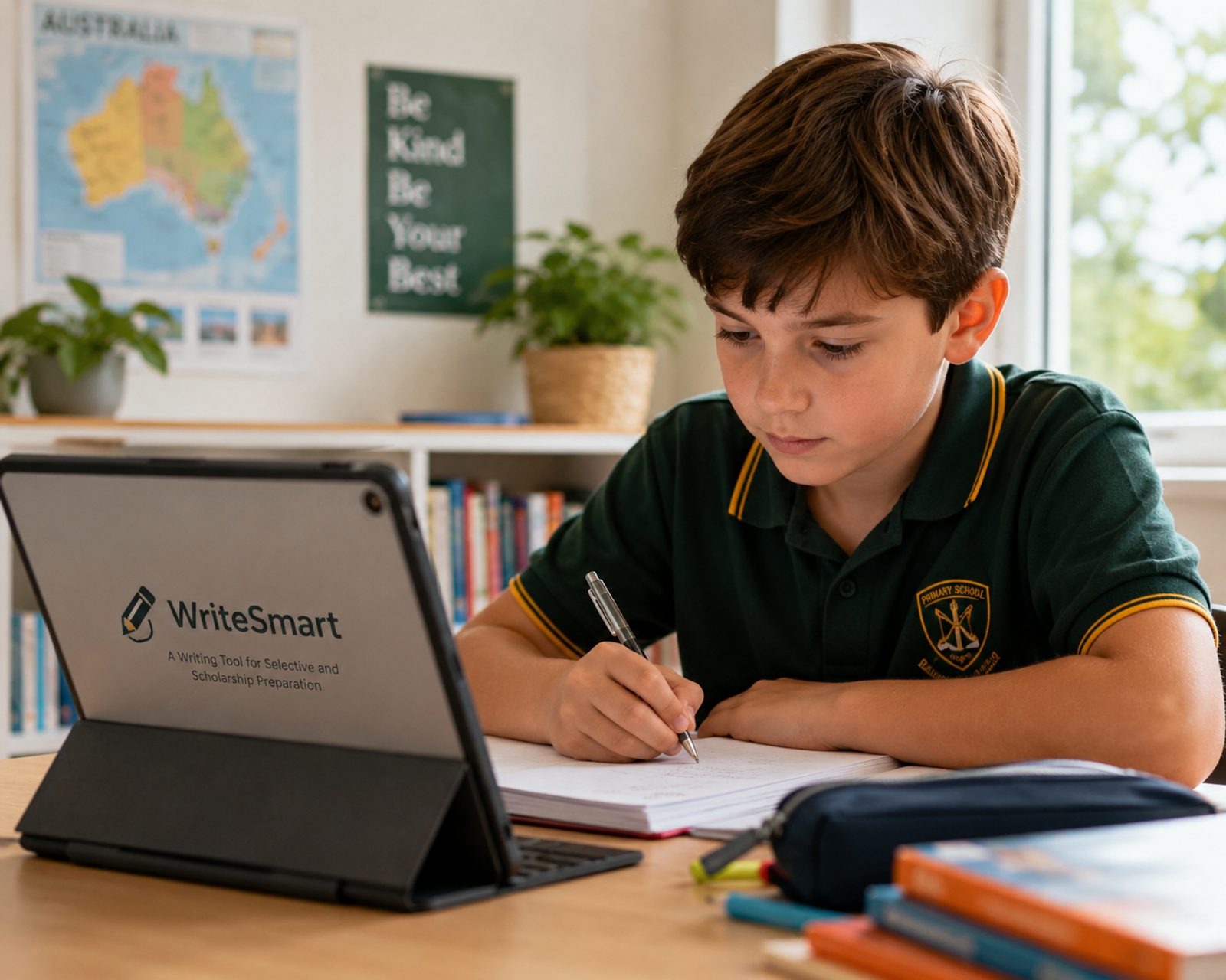 A primary school student in uniform writing at a desk, with a WriteSmart-branded tablet beside them